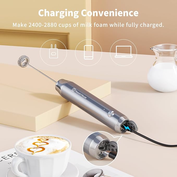 Maestri House LunaFro Rechargeable Milk Frother,Stand & 2 Detachable Whisks | 8000RPM Turbo Motor, 1200mAh lithium battery, Handheld Milk Frother for Lattes, Cappuccino, Matcha & Powdered Supplements