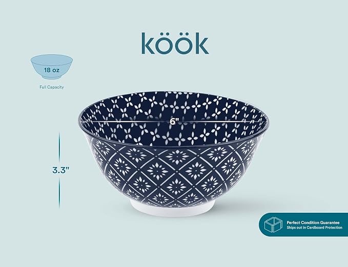 KooK Soup Bowl, Cereal Bowl, Ceramic Cereal Bowls, Microwave, Dishwasher and Freezer Safe, Porcelain Dishes for Soup, Pasta, Salad, Oatmeal, Deep Interior (White & Blue)