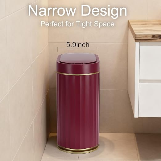 ELPHECO 2 Gallon Sensor Trash Can, Automatic Lid, Burgundy Gold | IPX5 Waterproof Bathroom Garbage Can, Slim Trash Bin, Plastic Wastebasket for Office, Bedroom and Living Room