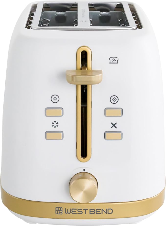 West Bend Timeless 2-Slice Toaster with 7 Browning Levels, Bagel/Waffle/Defrost Settings, High-Lift Lever, Anti-Jam, Easy-Clean Crumb Tray, 2-Slice, White/Gold
