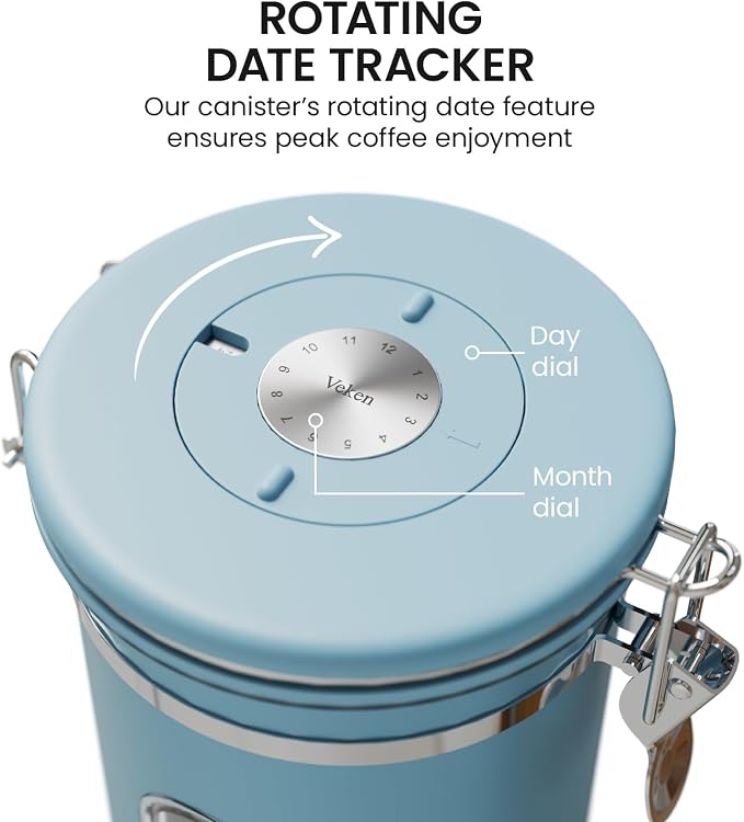 Veken Coffee Canister with Window, Airtight Stainless Steel Container, 22OZ | Date Tracker,Kitchen Food Storage Organizers for Beans, Ground, Espresso, Rice,Tea, Sugar,Cereal, Gifts,Lids,Jars,Scoop, Blue