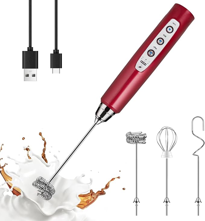 YUSWKO Handheld Milk Frother Wand for Coffee, Rechargeable Electric Whisk with 3 Heads 3 Speeds Drink Mixer Coffee Frother For Latte, Cappuccino, Hot Chocolate, Egg, Red