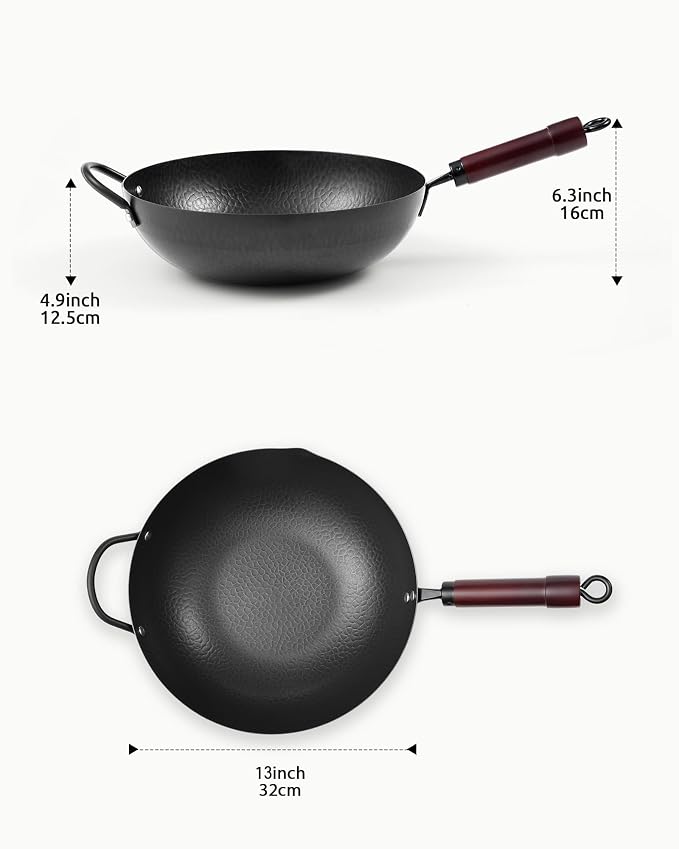 FGJ Wok Pan, Carbon Steel Wok, Woks & Stir-Fry Pans Nonstick, 13 Inch Wok Pan with Wooden Lid, Pre-Seasoned Carbon Steel Cookware, 5.8QT Flat Bottom Chinese Wok Pan, Compatible with All Cooktops
