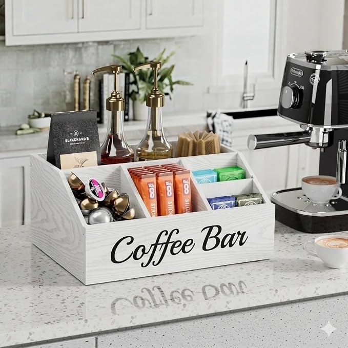 Coffee Station Organizer for Countertop – Wooden Coffee Bar Organizer with Adjustable Dividers,Holds K Cup Pod & syrup bottles, for Kitchen, Office, or Bar and Tea Station, White
