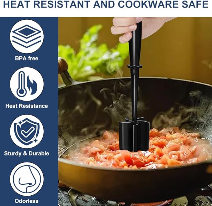 Meat Chopper, Premium Heat Resistant Meat Masher | 5 Blades Ground Beef Masher, Non Stick Hamburger Smasher, Nylon Potato Masher, Dishwasher Safe, Black
