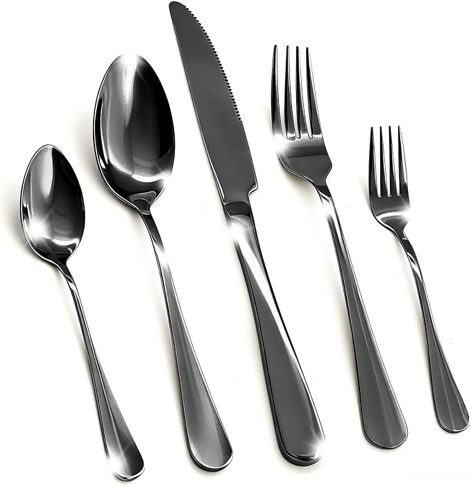 20 Piece Silverware Set, Kitchen Utensils Set for Restaurant & Home, Stainless Steel Cutlery Set, Flatware Set include Forks, Knives, Spoons, Household Essentials for New Home, Black