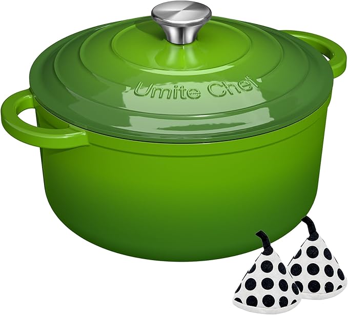 Umite Chef 7QT Enameled Cast Iron Dutch Oven with Lid & Cotton Potholders–Heavy-Duty Cookware for Bread Baking, Braising, Stews, Marinate, Cook,Refrigerate & Serve(Green)