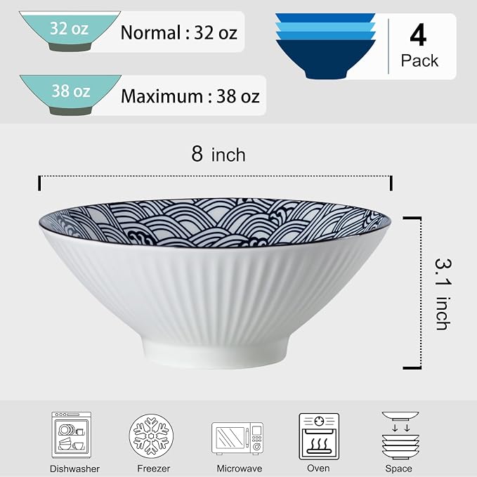 38 oz Japanese Ramen Bowls Set of 4, Large Pho Bowls, 8 Inch Ceramic Blue and White Soup Bowls, Wave Pattern