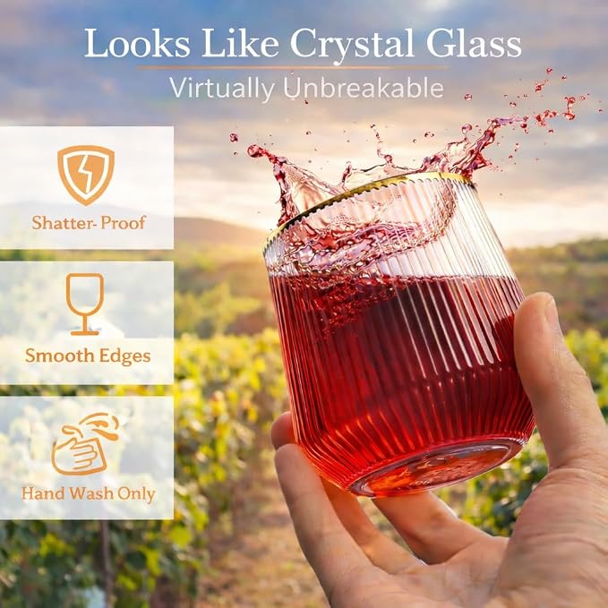 40 Pack 12oz Ribbed Gold Rim Disposable Wine Glasses, Plastic Cocktail Cup | Oojami Stemless Champagne Whiskey Cups, Shatterproof BPA-Free Reusable Recyclable, for Wedding Birthday Party Bar Events