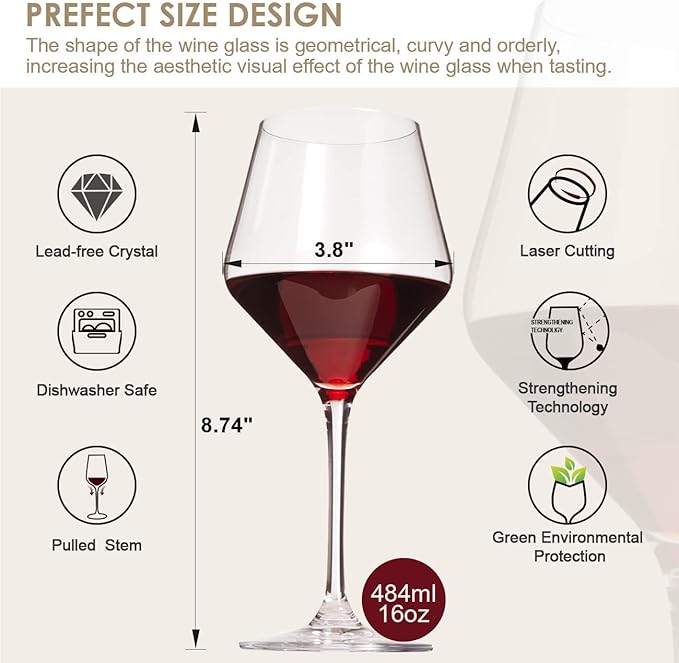 coccot Wine Glasses,White Red Wine Glasses Set of 6,Lead-Free Premium Crystal Clear Glass,Hand Blown Italian Style Burgundy Long Stem Wine Glasses,Great Gift Packaging(16oz,6pack)