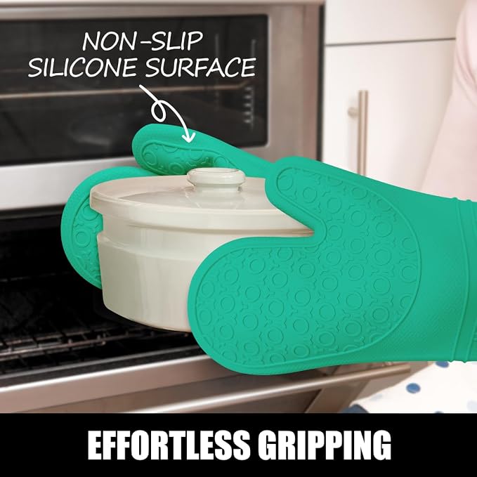 RORECAY Silicone Oven Mitts and Pot Holders Sets, Gloves for Kitchen, Green | Set of 6 Kitchen Mitts for Baking & Cooking, Heat Resistant 500 ℉, 15" Extra Long, Non-Slip & Waterproof, Quilted Cotton
