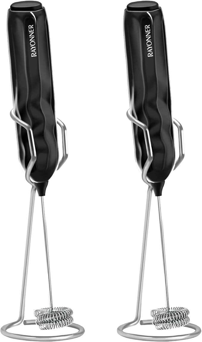 RAYONNER Milk Frother Coffee Frother Foam Maker 2Pack Black with Stand | Fast Powerful Drink Mixer, Stainless Steel Whisk, For Coffee, Latte, Matcha