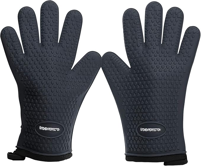 KITCHEN PERFECTION XL Silicone Smoker BBQ Gloves -Heat Resistant Oven Mitts | Waterproof, 5-Finger Design For A Better Grip, for Pitmasters, Meat Smoking, Grilling, Cooking, Frying Turkey | Grill Gift