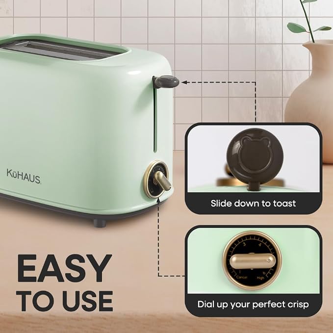 KuHAUS Retro 2 Slice Toaster, 6 Browning Control, Dust Cover, Removable Crumb Tray, Cord Storage, Vintage Design for Bread & Waffles (Mint)