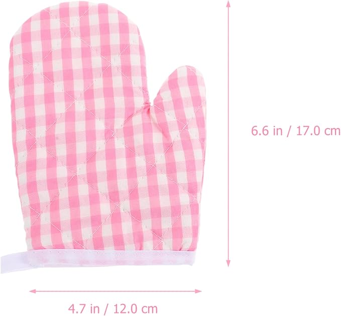 2Pcs Oven Mitts for Play Kitchen, Anti- Scald Gloves Microwave Oven Gloves Kitchen Mitts for Safe Baking Cooking (Pink Checkered)