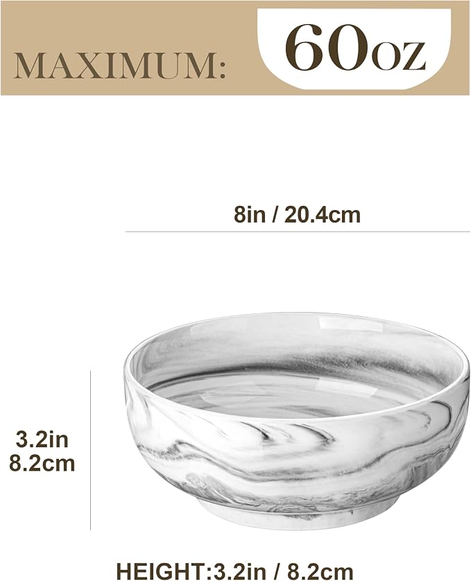 MALACASA Large Serving Bowls, 60 OZ (8") Ceramic Salad Bowls Set of 2 | Marble Grey Bowls for Kitchen, Soup, Pasta, Dinner, Porcelain Bowls Set for Entertaining, Microwave & Dishwasher Safe