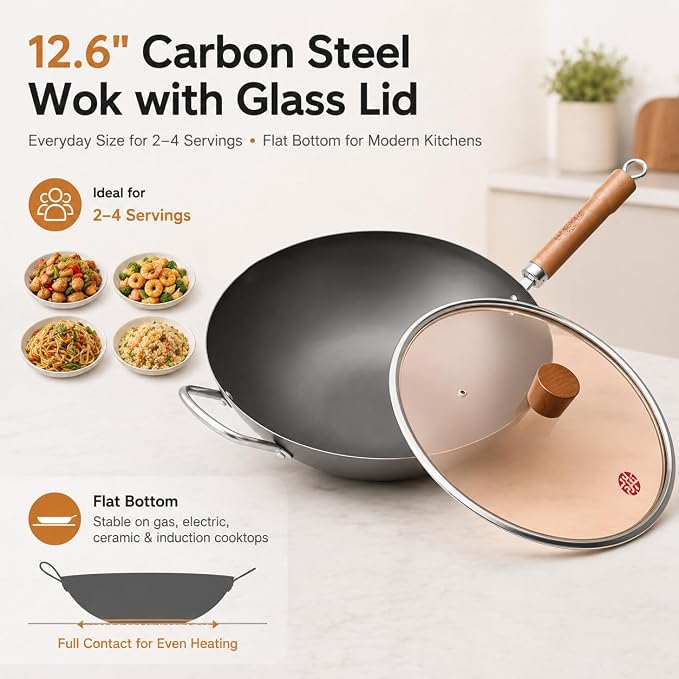 WANGYUANJI 12.6 Inch Carbon Steel Wok with Lid, Flat Bottom Wok Pan for Induction, Electric and Gas Stoves, Uncoated Chinese Stir Fry Pan with Wooden Handle