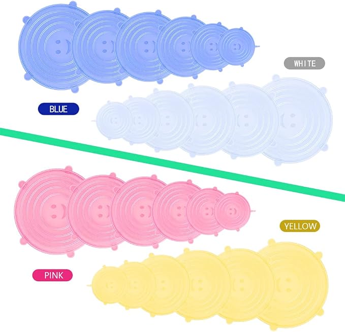 12 pcs Silicone Stretch lids set, 6 Sizes, Reusable Food Storage Covers ，Silicone Bowl Covers，Flexible to Fit All Shape of Containers，Food Cover to Keep Food Fresh (green,yellow)