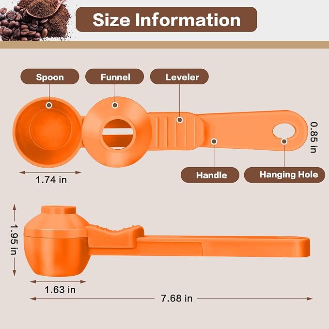 2-in-1 Coffee Scoop with Funnel, 2 Tbsp Measuring Spoon for Reusable K Cups, Ground Coffee, Protein Powder & Tea, Mess-Free Plastic Design（Orange-2pack）