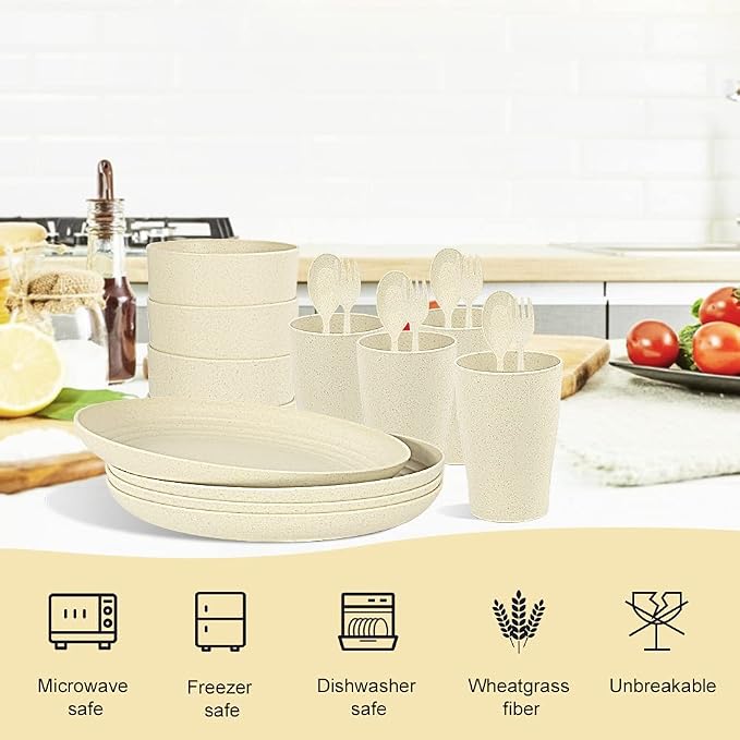 Wheat Straw Dinnerware Sets, 20pcs Lightweight Unbreakable Dinnerware, Microwave Dishwasher Safe Bowls Cups Forks Spoons set,Perfect for Camping Outdoor, Beige