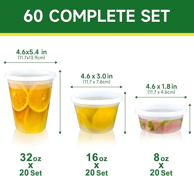 Dealusy 60 Set Deli Containers with Lids, 32/16/8 oz X 20 Set Each | Leak-Proof BPA Free Plastic Take Out Bowls, Food Storage Containers for Takeout, Freezer, Microwave & Dishwasher Safe