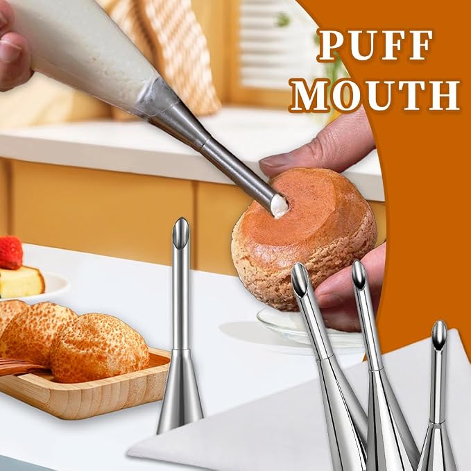 3PCS Puff Cream Filling Piping Tips with 50Piping Bags for Donuts,Eclairs | Long Piping Nozzle Tips,Puff,Eclairs,Cream Filling Nozzles,Cream Injector Tips,donut filler injector,with Tip Cleaning Brush