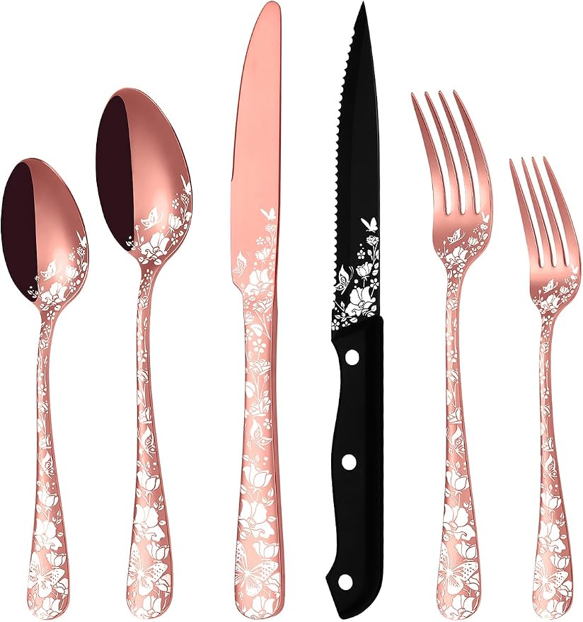 Stapava 24 Pcs Rose Gold Silverware with Steak Knives, Stainless Steel Copper Silverware Flatware Cutlery Set for 4, Include Forks Spoons and Knives set, Mirror Polished, Dishwasher Safe Utensils