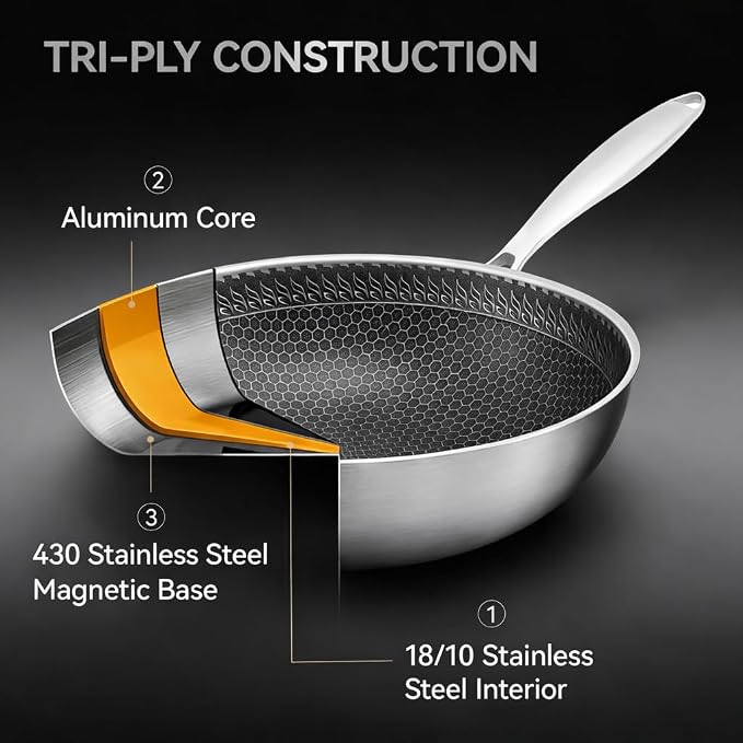 12.2 Inch Stainless Steel Honeycomb Wok Pan with Glass Lid, 3-Ply 18/10 Stainless Steel Stir Fry Pan, Flat Bottom Wok for Induction, Gas, Electric and Glass Stoves, 4.2 QT