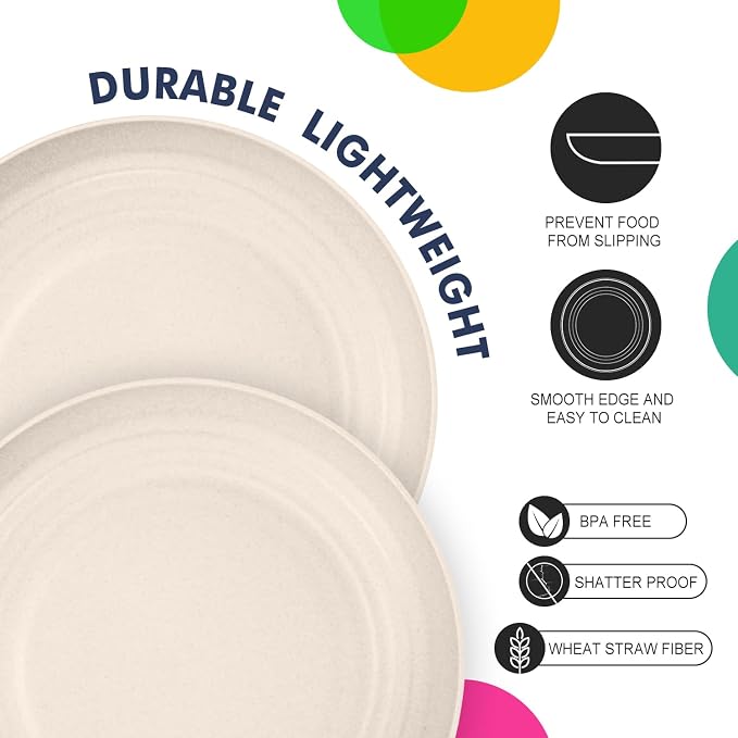 Wheat Straw Plates 8 PCS Unbreakable Dinner Plates - 10 inch Dishwasher & Microwave Safe Plastic Plates Reusable Lightweight Roud Plates, Plates for Kitchen, Dinner, Outdoor,Picnic (Beige)