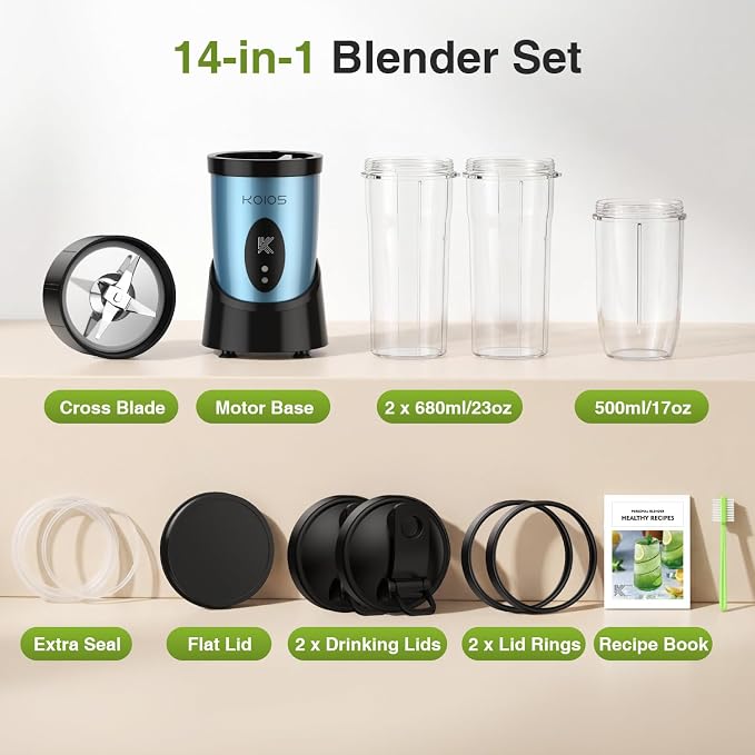 KOIOS Smoothie Blender Kitchen, 900W Personal Blender with 3 To-Go Cups | (2) 23oz & 16oz Cups, Blend Smoothies Shakes Juices Frozen Drinks, Dishwasher Safe Part, Twist-Lock, 14Pcs, Recipe, Sky Blue