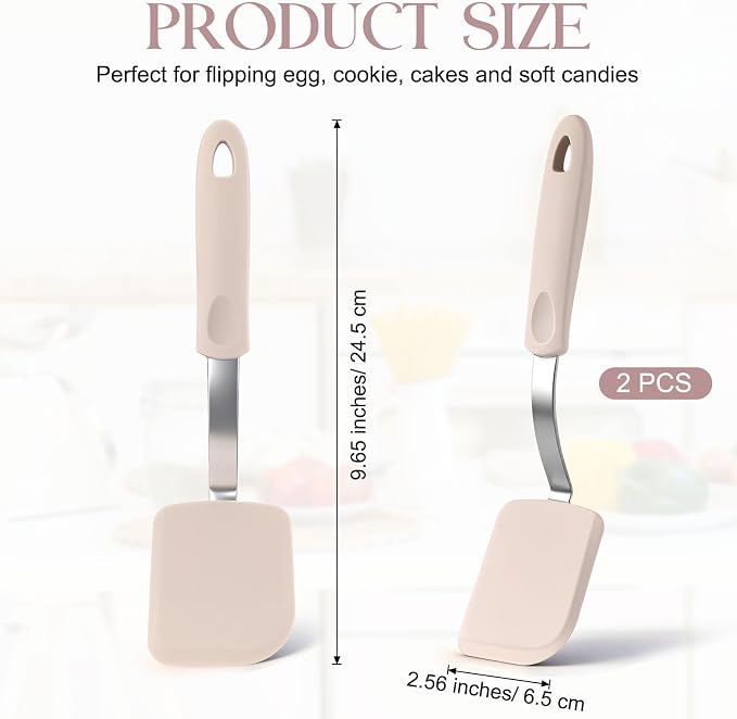 Silicone Cookie Spatula Turner 2 Pack Mini Brownie Spatula Flexible Kitchen Small Silicone Turner for Nonstick Cookware Heat Resistant No Scratch Flipper for Egg(Solid Flat,Khaki)
