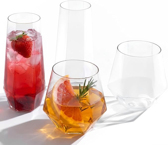 BESTSTAR 48 Pack Clear Plastic Wine Glasses Set BPA-Free Shatterproof | 24 9 OZ Stemless Champagne Flutes & 24 12OZ Diamond Wine Whiskey Glasses, Clear Drinkware for Weddings, Parties & Events