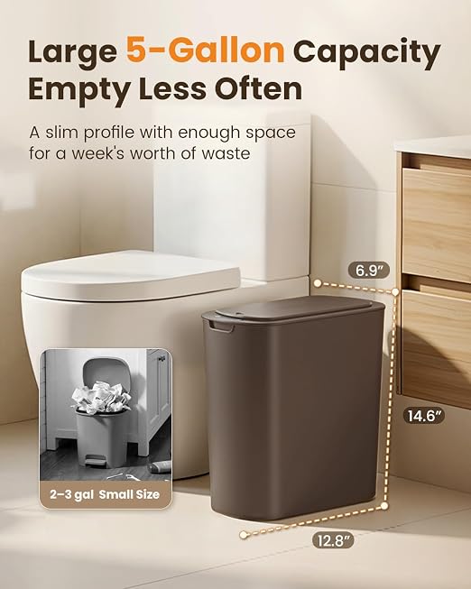 Cesun 5 Gallon Automatic Bathroom Trash Can with Lid, Brown, Touchless | Motion Sensor, Slim, Small Smart Garbage Bin, Plastic, Battery Operated, Manual Button, for Office/RV/Bedroom/Living Room