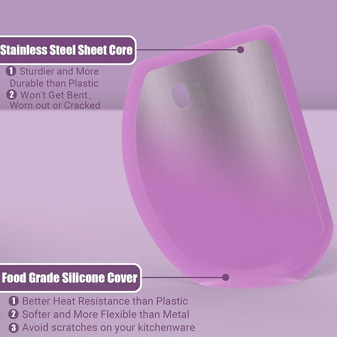 Silicone Dough Scraper with Metal Core Flexible Bowl Scraper Bread Baking | With Stainless Steel Sheet, Curved Edge Food Grade Silicone Bench Scraper for Sourdough Bread, Set of 2, Gray & Purple, SAPID