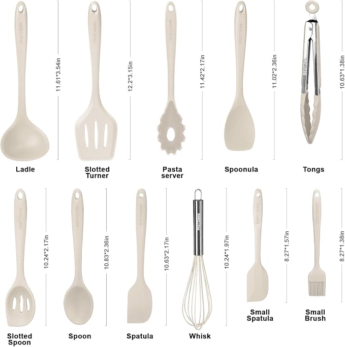 Kitchen Utensil Set - 11 Cooking Utensils - Colorful Silicone Kitchen Utensils - Nonstick Cookware with Spatula Set - Colored Best Kitchen Tools Kitchen Gadgets (Khaki)