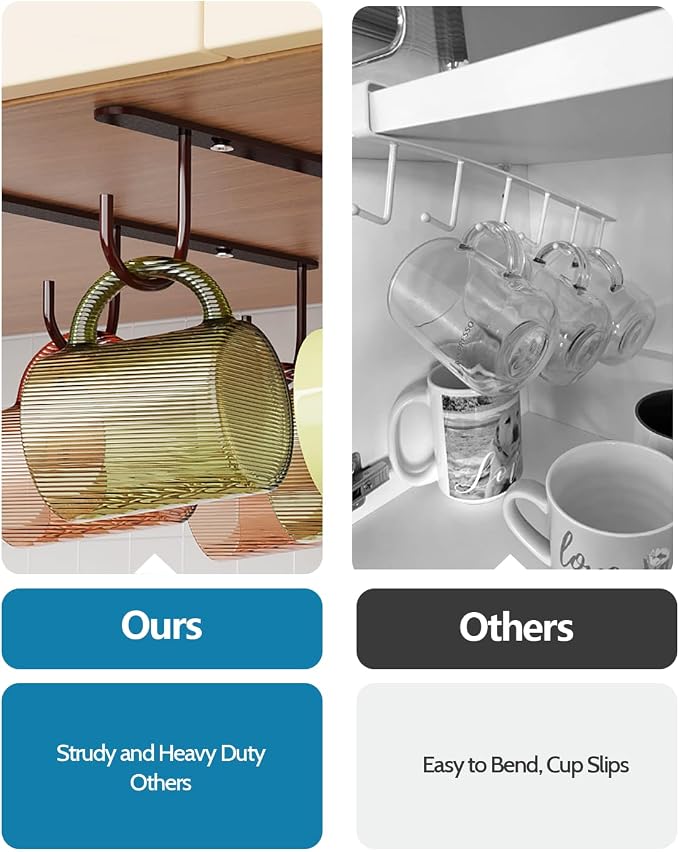 3 Pack Mug Hooks Under Cabinet with 9 Hooks for Displaying Mugs, Brown | Coffee Mug Holder for Hanging Under Shelf, Cup Hanger, Coffee Cups and Kitchen Utensils