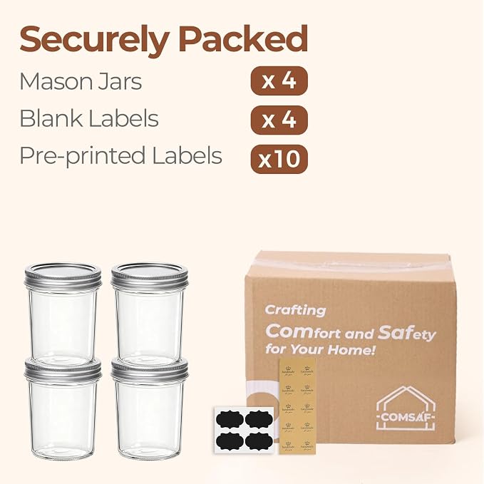 ComSaf 16 oz Wide Mouth Mason Jars, 4 Pack Pint Glass Jars with Lids | BPA-Free Materials, Clear Body, Pickles, Salad Prep, Overnight Oats, Coffee Storage, Honey, DIY Candles