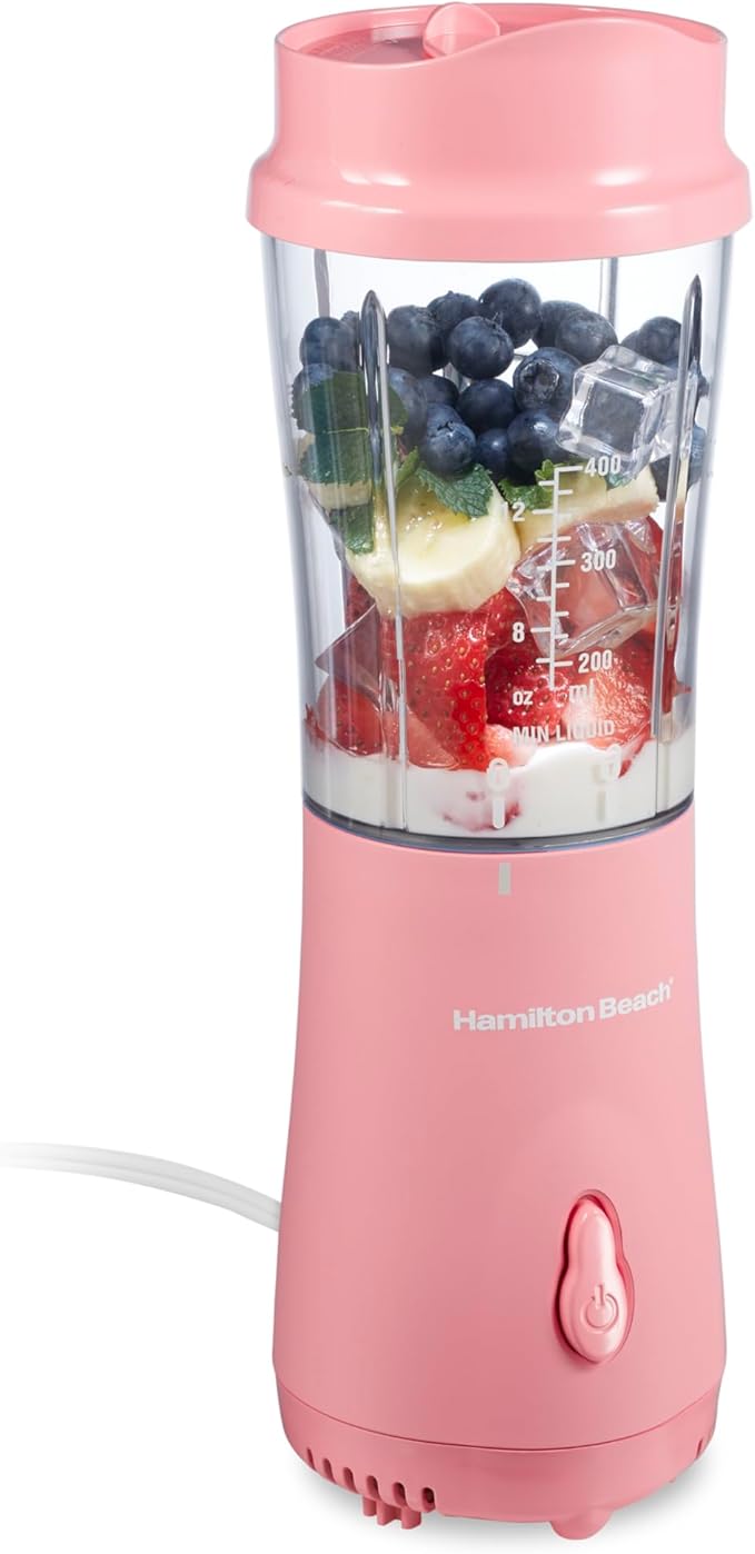Hamilton Beach Portable Blender for Smoothies With 14 oz. Travel Jar | BPA Free Jar & Lid | Durable Stainless Steel Blades | 300 Watts Peak Power | Personal Smoothie Blender | Coral | 51171G