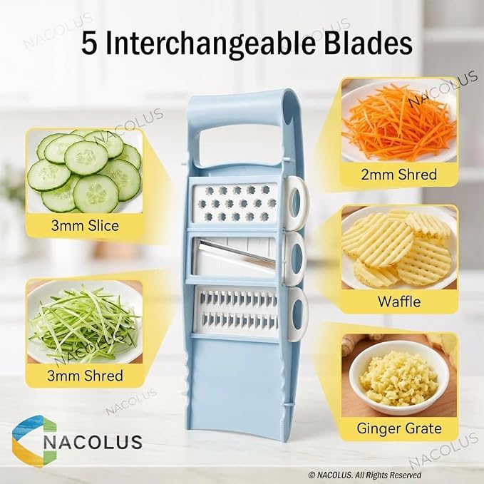 NACOLUS Handheld Mandoline Slicer for Kitchen, Vegetable Slicer Multi Blade Potato Chip, Veggie shredder, Vegetable Cutter, Julienne Shredder and peeler For Small Job In Kitchen Blue