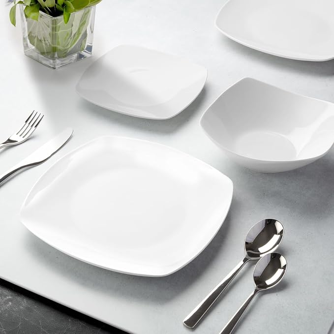 Zulay Kitchen Luna Plates and Bowls Sets, 12 Piece Modern Porcelain Dish Set for 4, Chip and Scratch Resistant Square Dinnerware Set, Microwave and Dishwasher Safe, Pearl White
