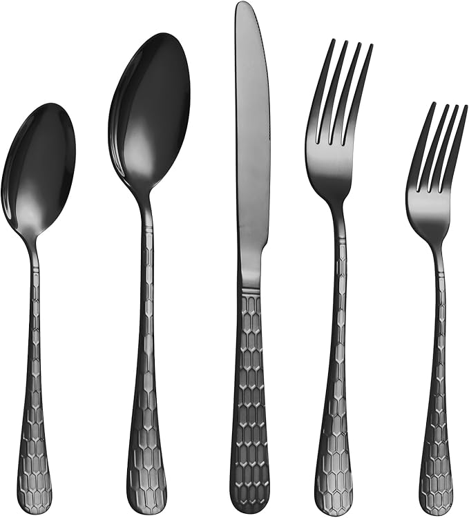 Silverware Set,40-Piece Stainless Steel Flatware Set for 8 | Food-Grade Stainless Steel Cutlery Set,Dishwasher Safe,Mirror Finished Utensil Sets for Home Restaurant,Round Hammered,Black