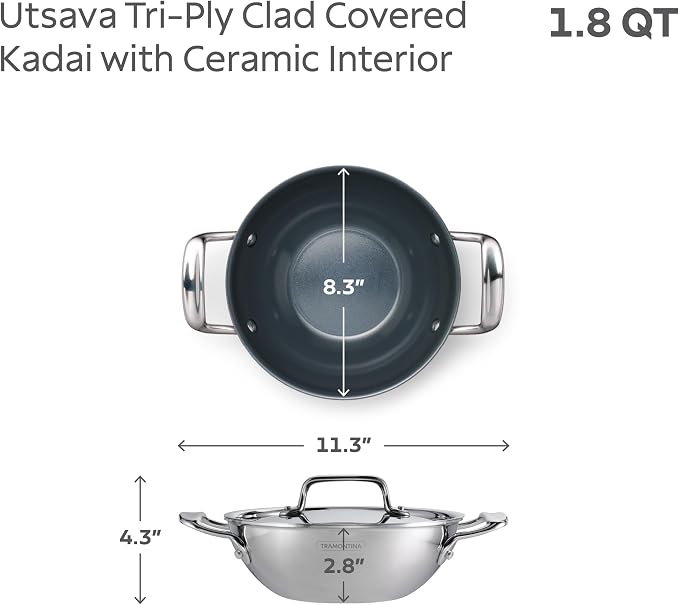 Tramontina Utsava Tri-Ply Clad Stainless Steel 1.8-Quart Kadai with Lid | Ceramic Non Stick Interior, Induction-Ready Small Kadhai Pot for Indian Cooking