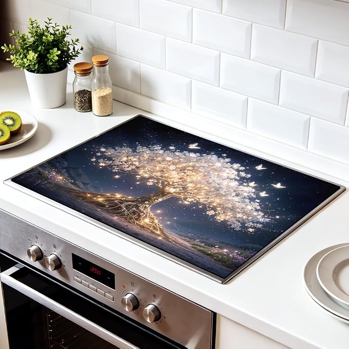 Tree of Life Stove Top Cover for Electric Stove, 28x20 In Mat | Heat-resistant non-slip mat holds hot cookware; glass cooktop protector, dish drying; magical floral butterfly kitchen decor