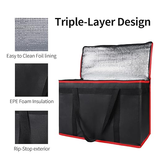 Bodaon Insulated Food Delivery Bag, XX-Large Reusable Grocery Shopping Bags, Picnic Cooler Bag Zipper/Zippered Top Cold, Black with Red Edge, 1-Pack | Reusable Grocery Shopping Bags, Picnic Cooler Bag, Zipper/Zippered Top Cold, Commercial Catering Pizz...