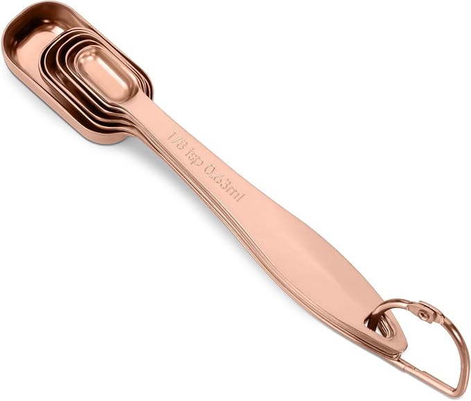 6-Piece 18/8 Stainless Steel Measuring Spoons Set, Rose Gold | Six Engraved US and Metric Sizes From 1/8 TSP to 1 Tbsp Fit Narrow Spice Jars and Stay Together On an O-shaped Ring