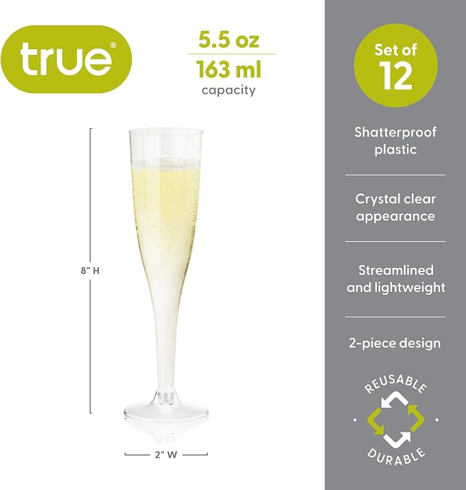 True Party Clear Plastic Champagne Flutes, Toasting Glass for Birthday, Wedding, Engagement, Reusable and Shatterproof Drinking Glasses for Holiday, Picnic, Dinner, Outdoor, Home Bar, 5.5 oz Set of 12