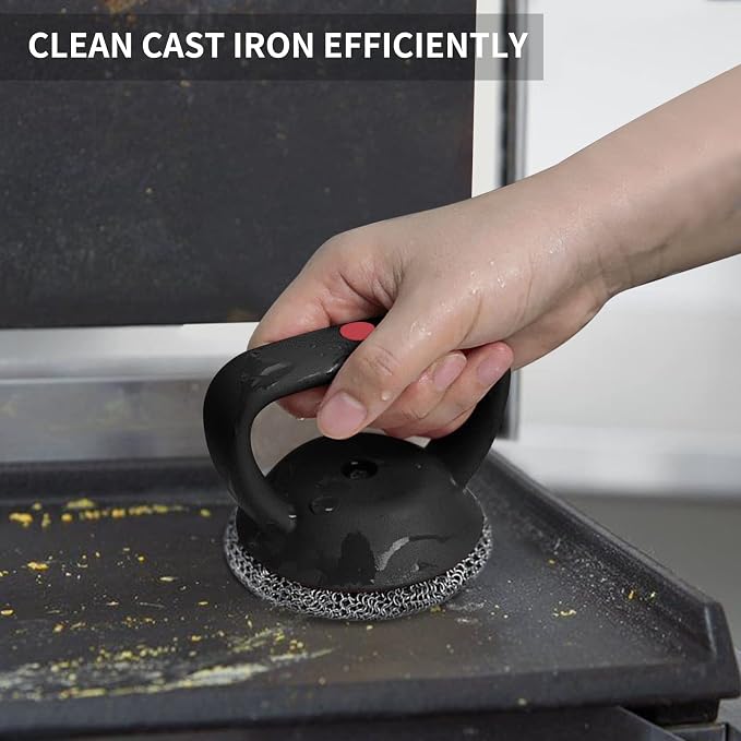 Cast Iron Cleaner Scrubber with Heavy Duty Handle, 3mm Welded Chain Mail | Fine Ring, Stainless Steel Sponge Chainmail Scrubber, Skillet Oven Grill Cleaning Metal Brush -Dishwasher safe,Heat Resistant