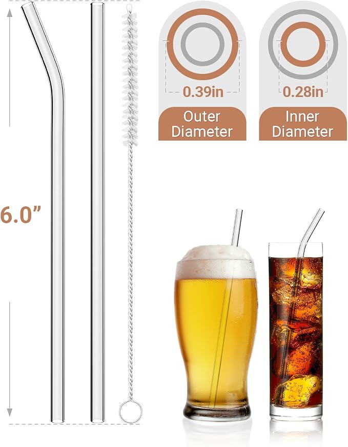 Foogwee® 20 Packs Reusable Glass Straws Set, 6'' x 10mm Clear Drinking Straws for Smoothies, Shakes, Coffee, Juice, Sodas, Milk, Tea, Cocktails, Set of 8 Straight and 8 Bent with 4 Cleaning Brushes