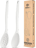 Pack of 2 Silicone Cooking Spoons, Non Stick Solid Kitchen Spoon with Measuring Marks & Back Hooks, Heat Resistant Silicone Slotted Spoon for Cooking, Mixing, Stirring,Serving (WHITE)