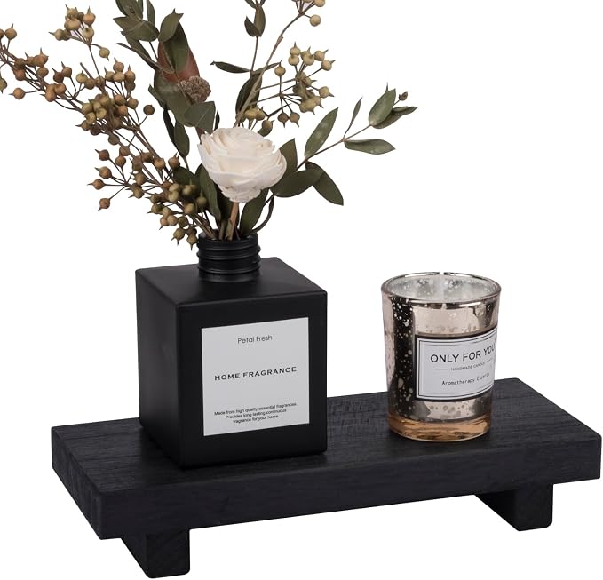 Wood Bathroom Tray Farmhouse Decor Kitchen Soap Holder, 8.7" x 3.6" Black | Waterproof, Lightweight, Easy Clean, Small Wooden Riser Pedestal Stand Accessories for Office Desk, Vanity, Counter, Sink